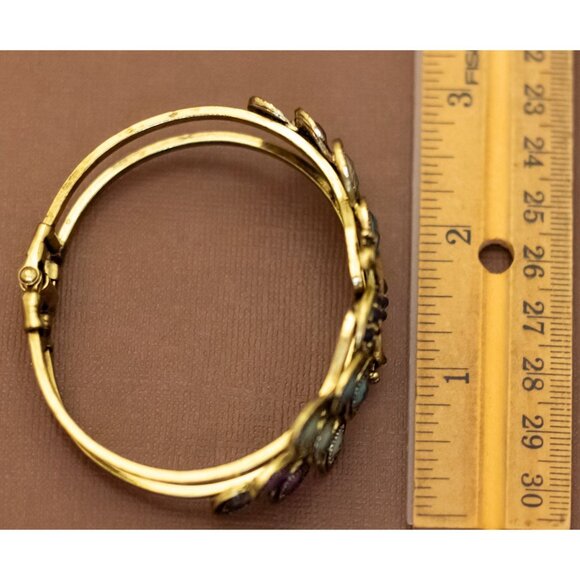 7 inch, Vintage Round Oval Beads Intricate Leaves Gold Tone Hinge Bangle - U27 - Picture 3 of 3